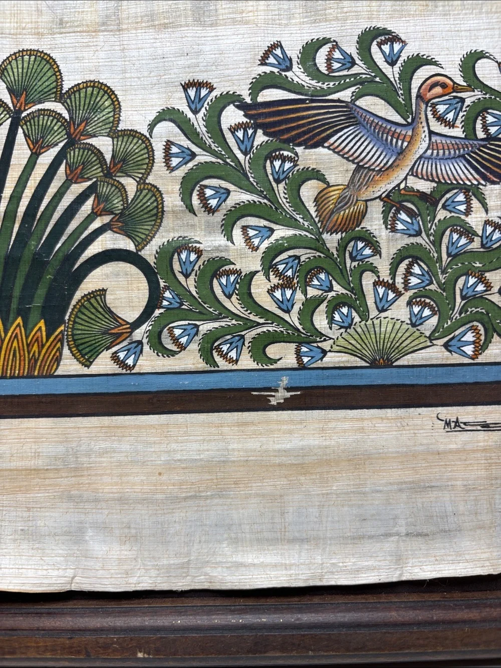 Egyptian art painted on papyrus duck lotus and papyrus plants with frame